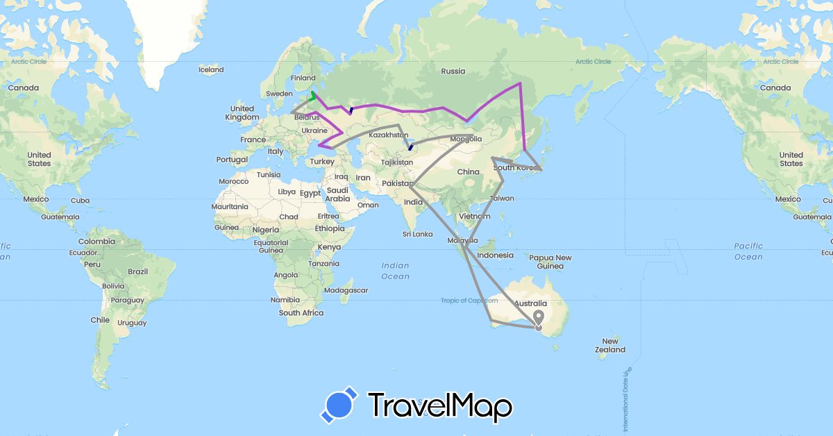 TravelMap itinerary: driving, bus, plane, train in Australia, Belarus, China, India, Japan, North Korea, South Korea, Kazakhstan, Mongolia, Malaysia, Russia, Singapore, Ukraine (Asia, Europe, Oceania)